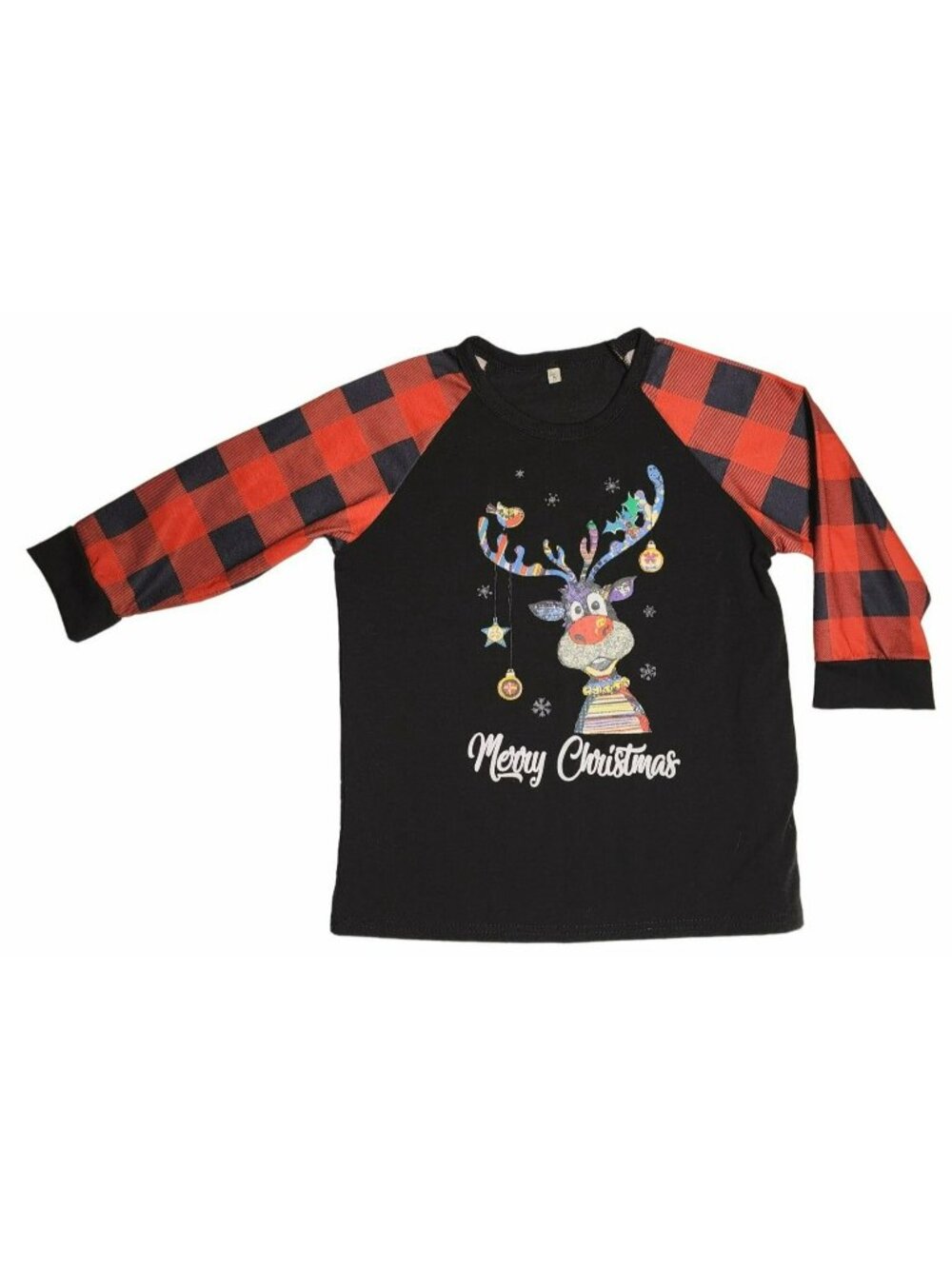 Girls Reindeer Merry Christmas Buffalo Check Sleeves Shirt Top Medium 8